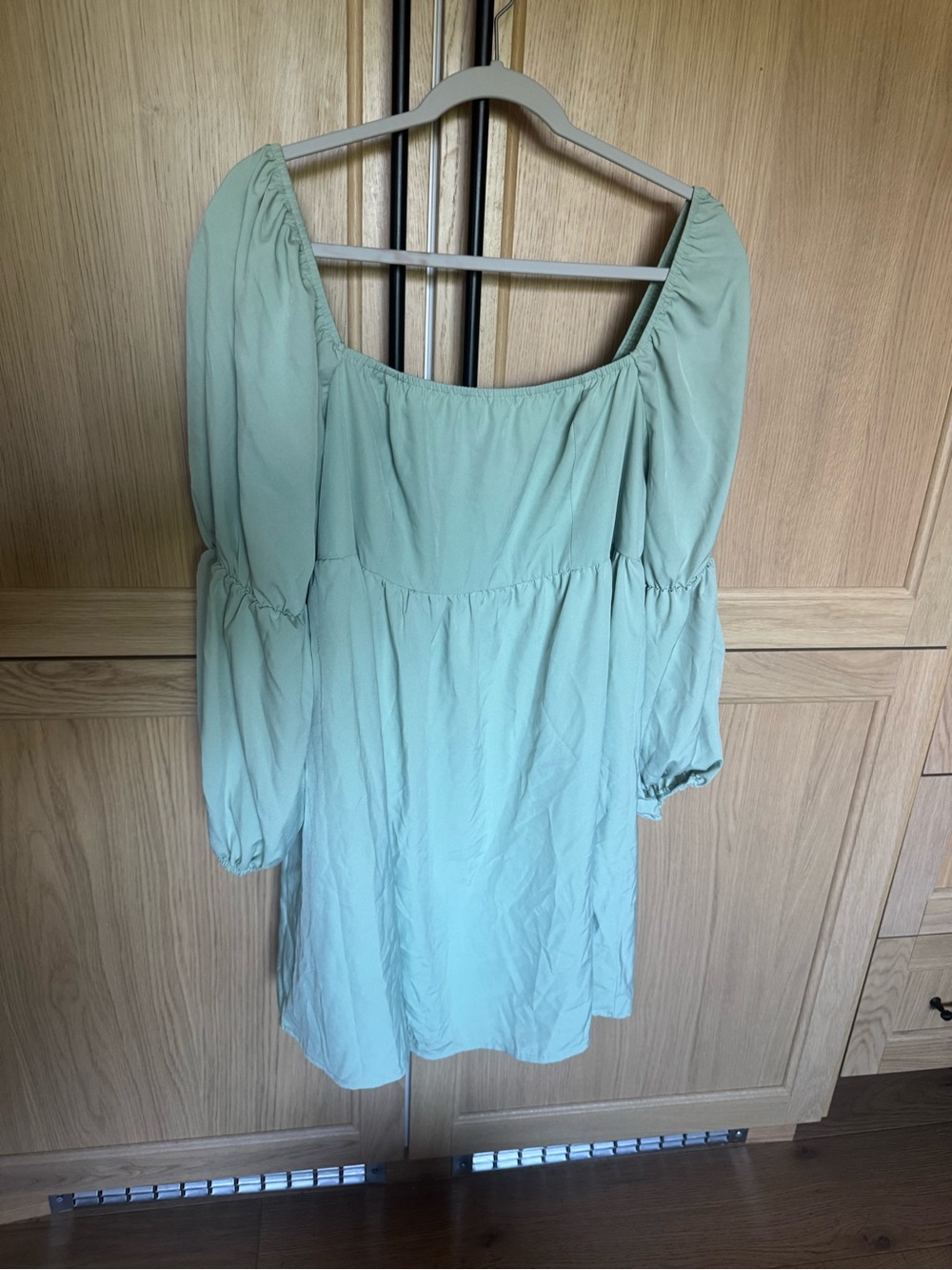 Sage Green Square-Neck Midi Dress with Puff Sleeves